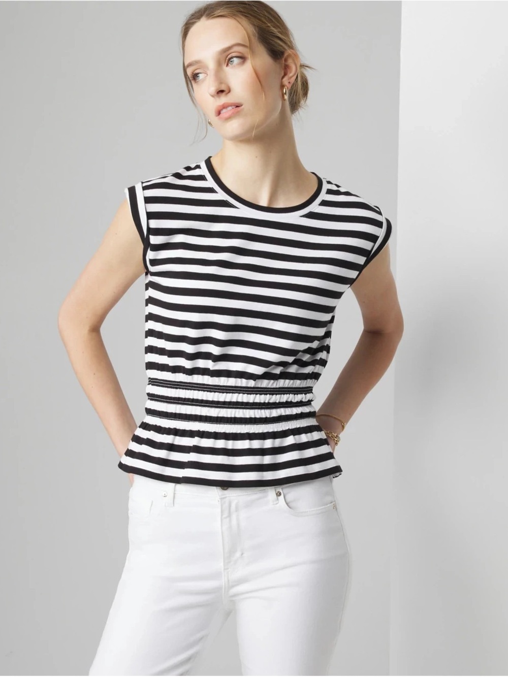 WHBM Smocked Peplum Tee Black White Stripe Top NWT Size Large